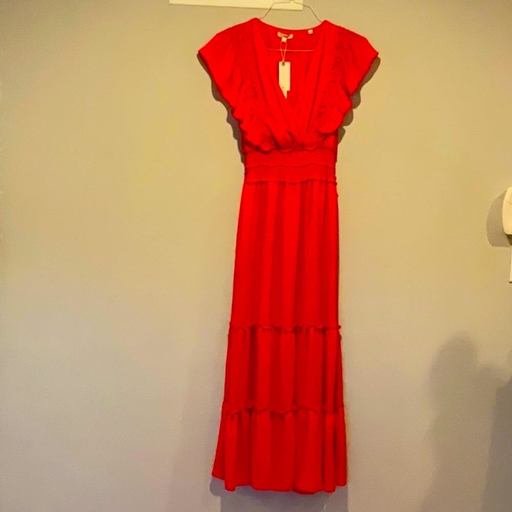 Max Studio Pebble Crepe Flutter Sleeve Maxi Dress, L, red